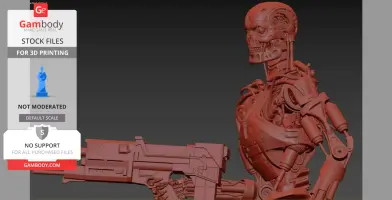 Highly detailed 3D model of T-800 Terminator, posed with a futuristic weapon, ready for 3D printing.