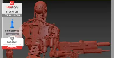 A detailed 3D model of the T-800 Terminator from the back, showcasing mechanical parts and a large gun.