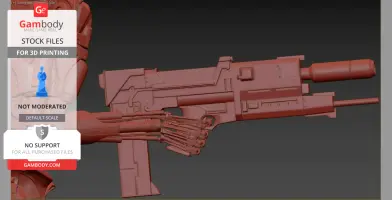 A detailed 3D model of a robotic arm holding a futuristic rifle, designed for 3D printing.