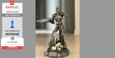 Terminator T-800 3D model holding a gun, standing on a base with skulls and debris.