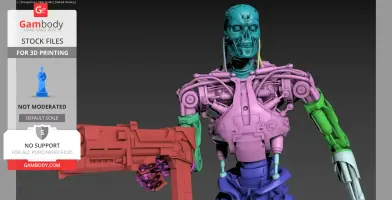 A detailed 3D model of a T-800 Terminator, showing mechanical structure and holding a weapon.