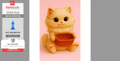 A cute 3D model of a fluffy Persian cat sitting and holding an empty basket.