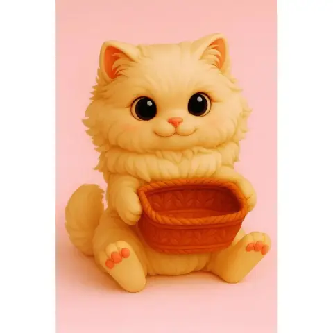A cute Persian cat figurine holding a gift basket, designed for 3D printing.