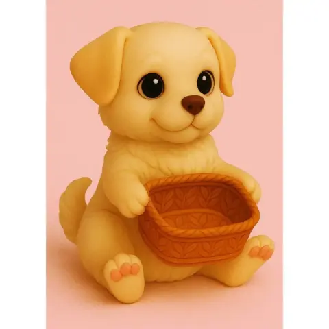 Cute cartoon dog holding a gift basket, sitting joyfully on a pink background.