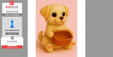 A cute cartoon dog holding a textured gift basket, sitting with a happy expression.