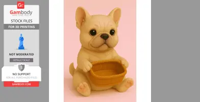 A cute bulldog puppy sitting and holding an empty gift basket.