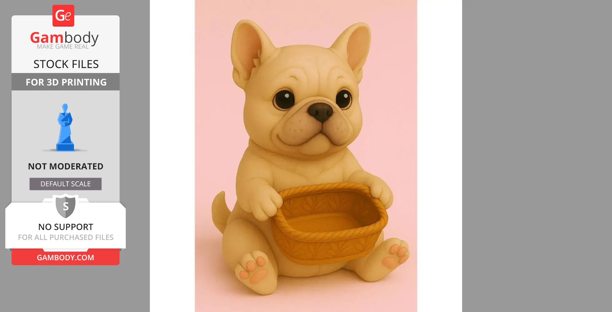 A cute bulldog puppy sitting and holding an empty gift basket.