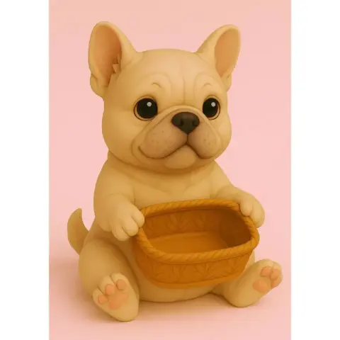Cute bulldog sitting, holding a woven gift basket in its paws, on a soft pink background.