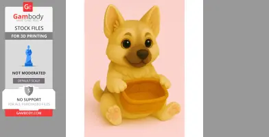 A cute German Shepherd puppy holding a basket in its paws, designed for 3D printing.