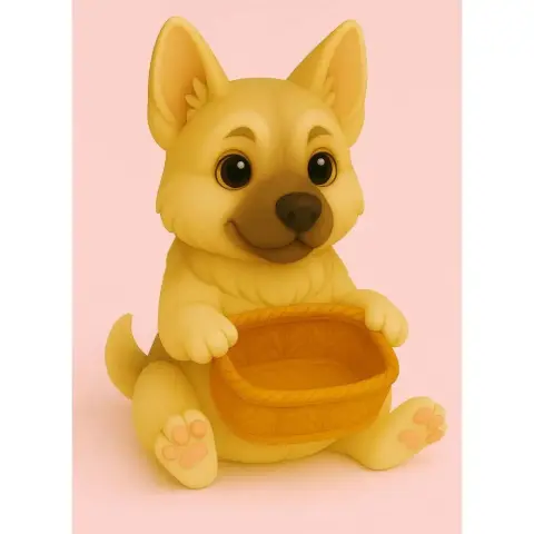 A cute cartoon German Shepherd holding an empty gift basket, sitting happily.
