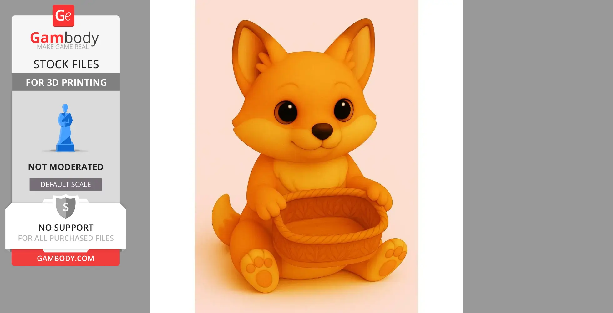 A cute, cartoonish fox holding an empty gift basket, designed for 3D printing.