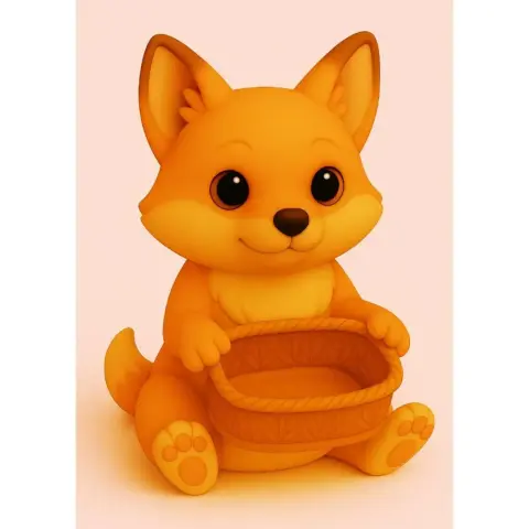 Cute cartoon fox holding an empty basket, sitting with a friendly expression.