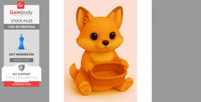 A cute, cartoonish fox holding an empty gift basket, designed for 3D printing.