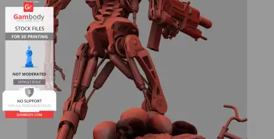 A highly detailed T-800 endoskeleton 3D model, standing on skulls, ready for 3D printing.