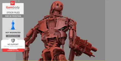Red 3D model of a detailed robotic skeleton viewed from the back, designed for 3D printing.