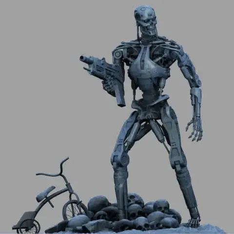 Terminator T-800 endoskeleton model holding a gun, standing on skulls next to a bicycle.