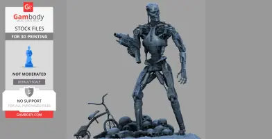 A detailed 3D model of a T-800 endoskeleton standing on skulls, holding a gun, with a tricycle beside it.