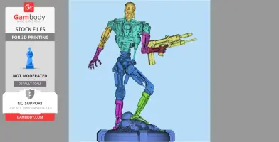 Colored 3D model of T-800 endoskeleton posed with a rifle on a detailed base.