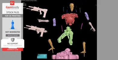 Exploded view of T-800 Terminator 3D model parts for printing, including skull, limbs, and weapons.