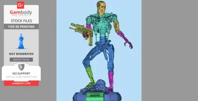 A detailed multicolored 3D model of the T-800 Terminator holding a gun, standing on a skull-adorned base.