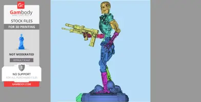 A colorful, detailed 3D model of a T-800 Terminator holding a gun, standing on a base with skulls.