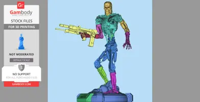 A detailed, colorful 3D model of a T-800 Terminator with a rifle, standing on a base with rocks.