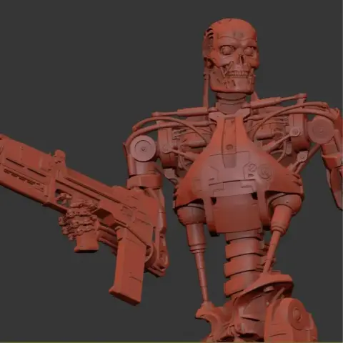 3D model of a detailed T-800 Terminator robot holding a large weapon, ready for printing.