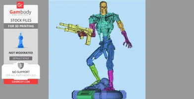 Colorful 3D model of T-800 from Terminator 2, standing on a base with a large gun, ready for 3D printing.