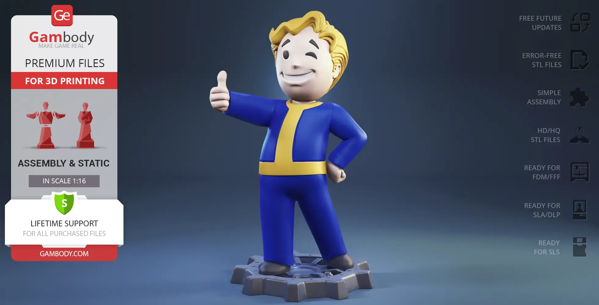 Smiling character in blue and yellow outfit giving a thumbs up, standing on a gear-shaped base.