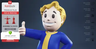 Smiling cartoon character in blue outfit giving a thumbs up, suitable for 3D printing.