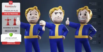 Three Vault Boy figures in blue jumpsuits, one winking with a thumbs up, one frowning with thumbs down.
