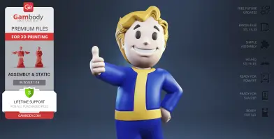 Smiling cartoon character in blue-yellow outfit giving a thumbs-up.
