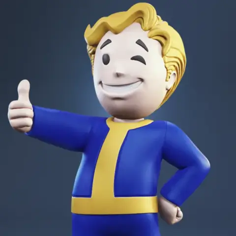 Cheerful cartoon character in blue and yellow outfit giving a thumbs up and winking.