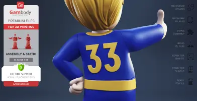 3D model of cartoon character in blue outfit, with '33' on the back, giving a thumbs up.