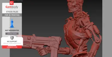 T-800 3D model with intricate mechanical details, holding a large gun, ideal for 3D printing.