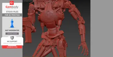 Red 3D model of a futuristic robotic torso and arms, designed for 3D printing.