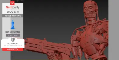 3D model of a T-800 Terminator with mechanical details, holding a futuristic weapon.