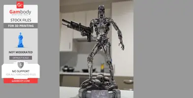 A detailed T-800 Terminator model holding a gun, standing on a base with skulls.
