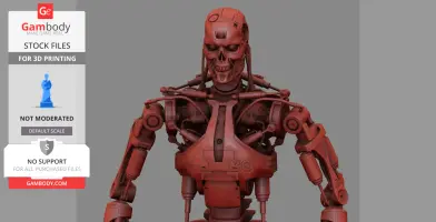A detailed 3D model of a red T-800 Terminator robot, designed for 3D printing.