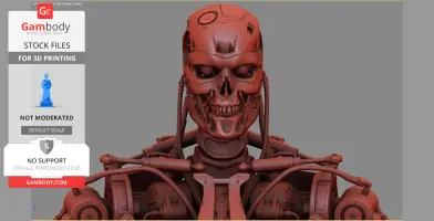 A detailed 3D model of a T-800 Terminator head and upper torso, designed for 3D printing.