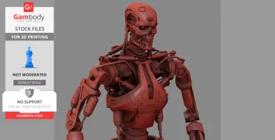 Red 3D model of a T-800 Terminator with detailed mechanical features, for 3D printing.