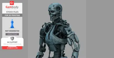 A detailed 3D model of a T-800 Terminator robot, showcasing its mechanical skull and upper torso.