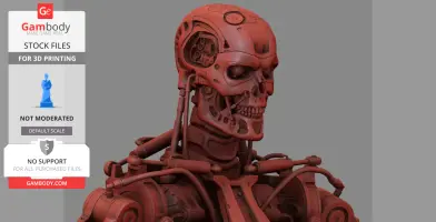A detailed 3D model of a T-800 Terminator head and upper torso, suitable for 3D printing.