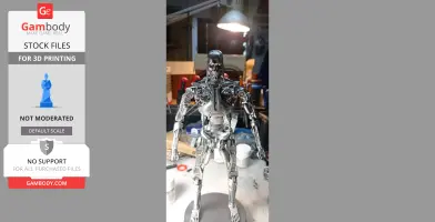 Metallic T-800 Terminator model on a workbench, detailed and ready for 3D printing.