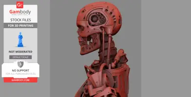 Highly detailed side view of a T-800 Terminator 3D model in red for 3D printing.