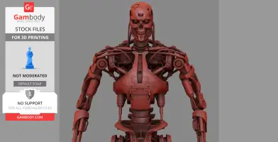 Highly detailed red T-800 Terminator model for 3D printing, showing torso and head mechanics.