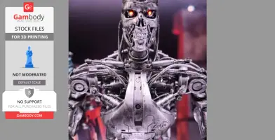 Highly detailed T-800 Terminator model with mechanical structure and glowing red eyes for 3D printing.