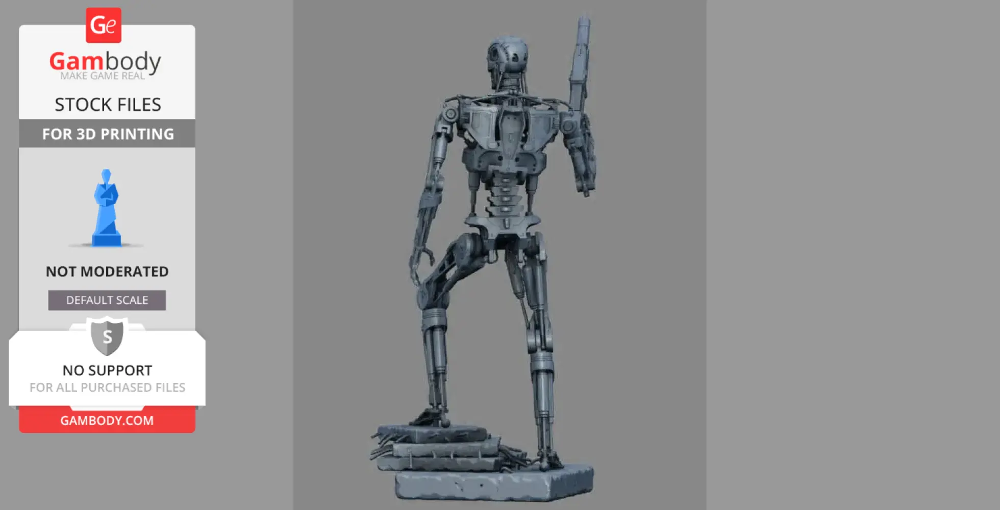 A 3D model of a mechanical humanoid robot standing on a textured base, holding a weapon.