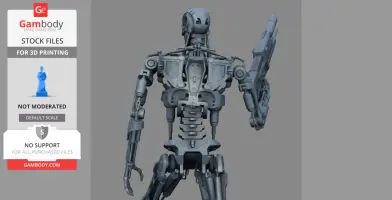 Rear view of a detailed T-800 endoskeleton model, featuring mechanical limbs and a gun.