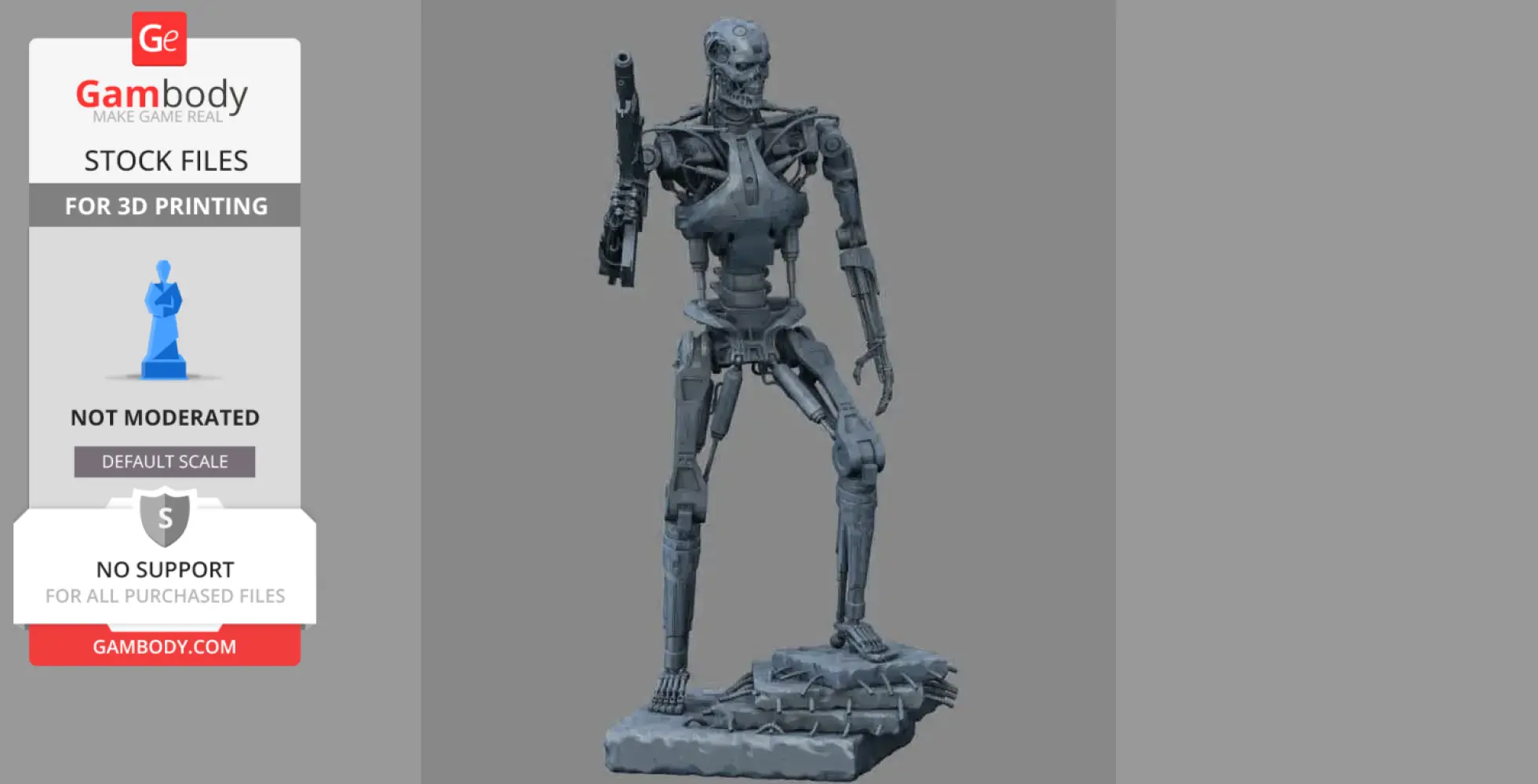 A detailed 3D model of the Terminator T-800 Endoskeleton standing on a textured base.